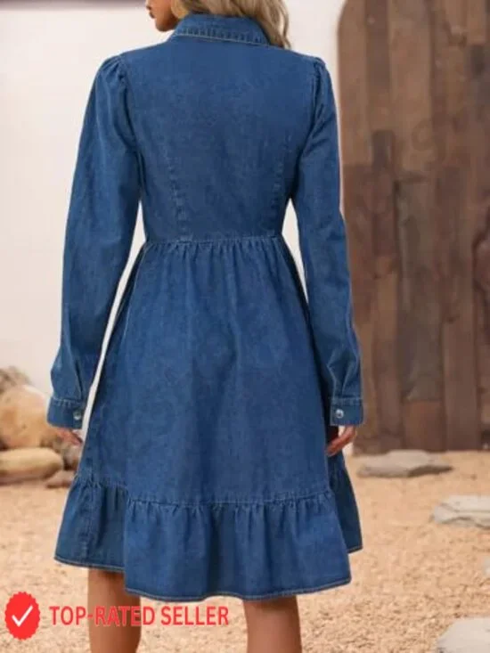 Flowy Denim Dress Lapel Long Puff Sleeve Button Down A Line Swing Ruffle - Picture 4 of 4